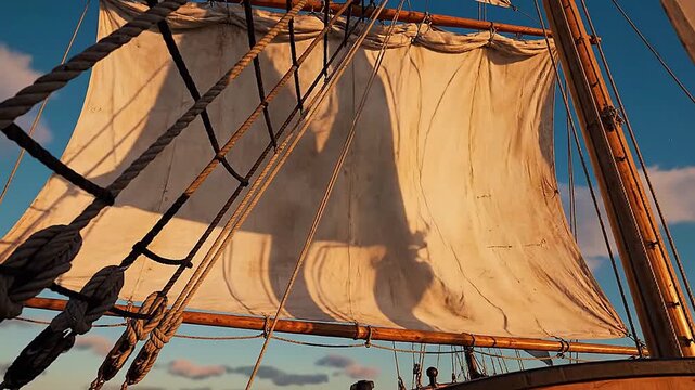 Gaff rigging lines cross the frame, rope shadows dance across sails.