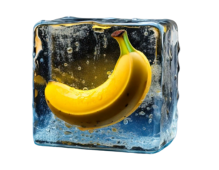  Ripe Banana Inside Ice Cube, Front View, Realistic 3D Vector Illustration, Isolated on Transparent Background PNG