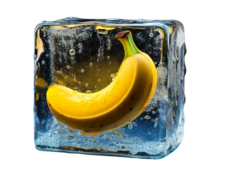 Ripe Banana Inside Ice Cube, Front View, Realistic 3D Vector Illustration, Isolated on Transparent Background PNG