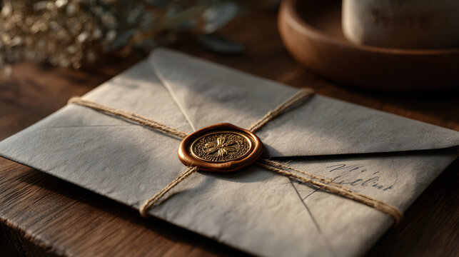 Vintage envelope tied with twine and sealed with decorative wax seal rests on wooden table, evoking sense of nostalgia and elegance
