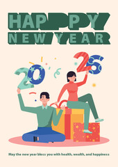 Poster Happy New Year 2025 celebration with people and gifts.