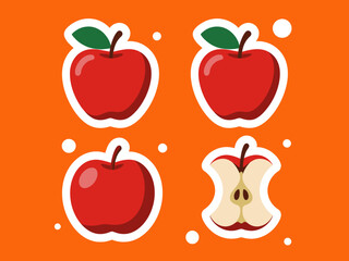 A collection of bright red apples on a vibrant orange background, featuring whole apples and a half-cut one to showcase their freshness and appeal as delicious fruits.