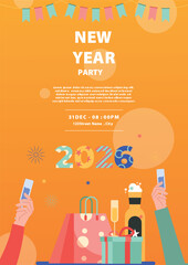 Poster New Year 2026 celebration with gifts champagne and mobile payments.