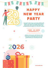 Poster Happy New Year 2026 Party Invitation with Gifts and Celebratory Elements.