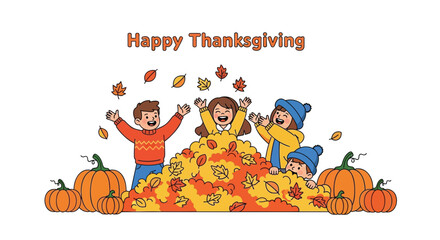 Happy thanksgiving celebration with cheerful children playing in a pile of autumn leaves surrounded by pumpkins