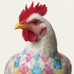 White Rooster With Colorful Diamond Patterned Chest