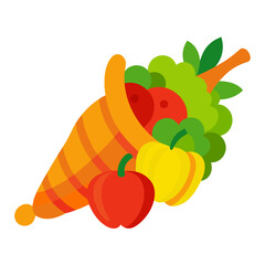 Single cornucopia with assorted fruits and vegetables vector illustration