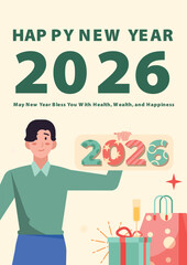 Poster Man celebrating New Year 2026 with festive gifts and a cheerful sign.