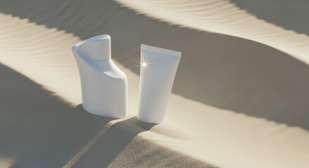Minimal white cosmetic bottle and tube on sand with sunlight reflection, summer skincare packaging concept
