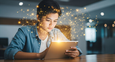 Young woman with tablet immersed in glowing digital network showcasing modern technology and connectivity for business innovation data transfer and global communication with futuristic feel and