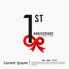 1st year anniversary celebration with red ribbon on white background. vector illustration template design for web banner, flyers, poster, greeting card