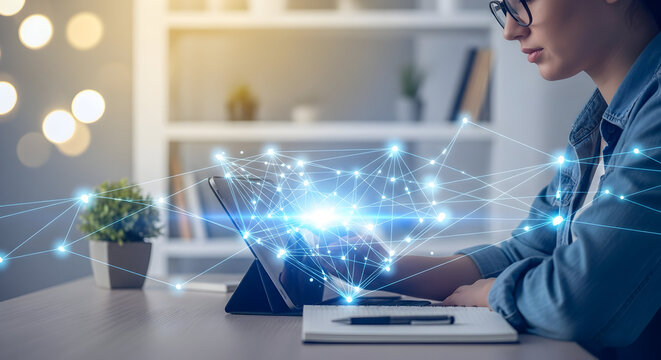 Woman using digital tablet for global network connection and communication at home showcasing future technology advancements with data connectivity and modern device networking for business innovation