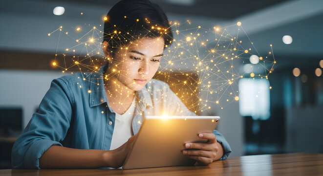 Young woman with tablet immersed in glowing digital network showcasing modern technology and connectivity for business innovation data transfer and global communication with futuristic feel and