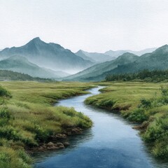 Winding blue river through green grassy meadow and misty mountains