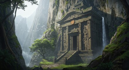 Obraz premium Ancient carved stone structure stands nestled within a deep, misty mountain gorge surrounded by lush vegetation