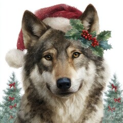 Wolf wearing Santa hat and holly wreath with Christmas trees