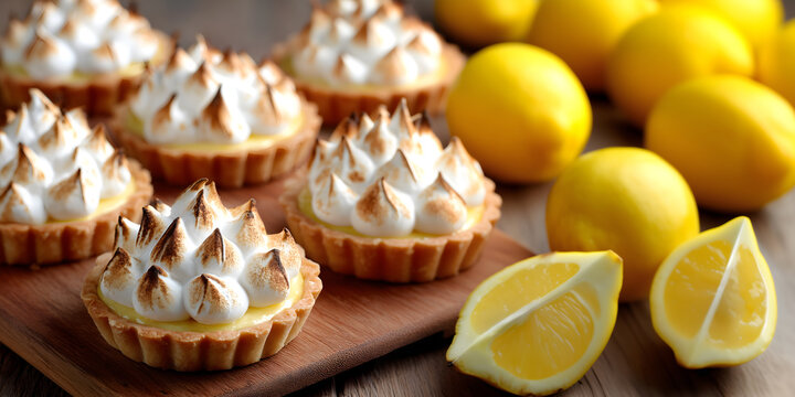 Creative food template. Row of fluffy Lemon meringue cream curd tart tartlet pie pastry dessert, fruit on rustic wooden serving board. copy text space. Long banner	

