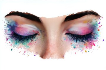 Woman's eyes with colorful watercolor makeup splashes
