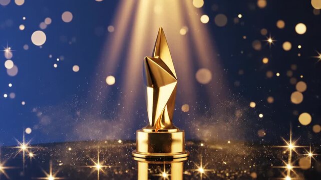 A golden award trophy illuminated by spotlights against a dark blue background with bokeh.