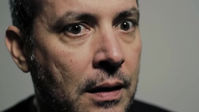Man's surprised expression; medium shot in studio, background white, for emotion concept