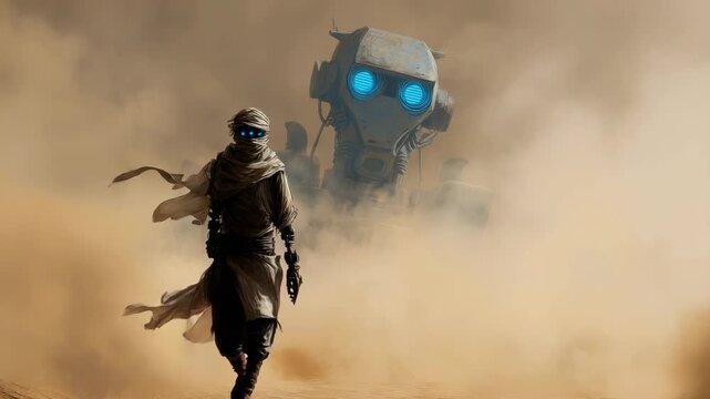 Mysterious figure in desert with giant robot and sandstorm