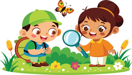 Kids having fun playing with Easter eggs and flowers in the summer garden