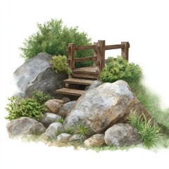 Wooden steps and railing on large rocks with green bushes