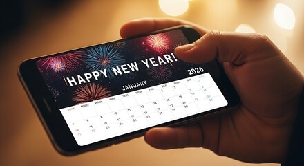Celebrate 2026 New Year with vibrant fireworks on a phone calendar screen