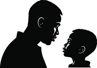 Silhouette of Father and Son Facing Each Other, Expressing Communication, Bonding, Parenting, Family Connection, Emotional Support, Black and White Art