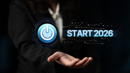 Start 2025 concept with futuristic power button symbolizing fresh beginnings, innovation, and digital transformation. Start 2025, new goals, and start 2025 initiative. Spline