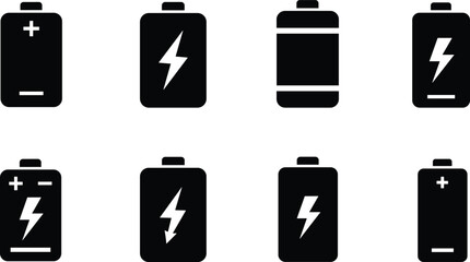 Battery icon collection with lightning bolt, energy charge, electric power symbol, voltage indicator, black vector design, modern technology illustration