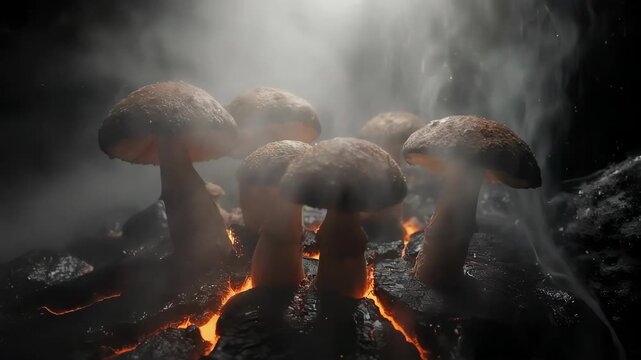 A cluster of mushrooms thriving in an otherworldly environment with steam or fog