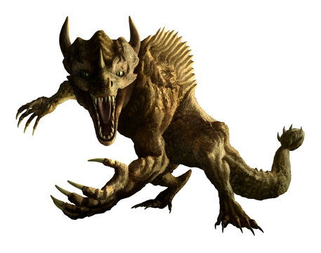 A predatory dinosaur with horns on its head, spikes on its tail and a crest on its back without a background. A strong prehistoric reptile with an open mouth, sharp claws and full-length teeth.