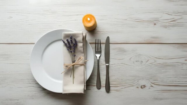 Table setting with lavender, candle, and white plate. Romantic table decor for dinner, wedding, event, or restaurant menu, catering service, food presentations, and interior design.