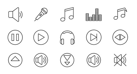 Collection of editable line icons representing audio and sound elements, including speaker, microphone, music notes, equalizer, headphones, play, pause, skip, and mute symbols, perfect for multimedia
