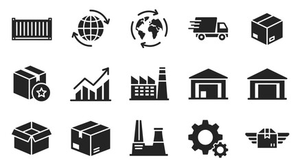 Comprehensive Supply Chain and Logistics Icon Set: Featuring Shipping, Delivery, Product Distribution, Factories, Warehouses, Boxes, and Industry Symbols for Seamless Business Operations and Global