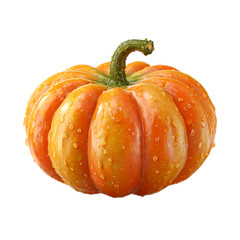 A vibrant orange pumpkin with water droplets glistening against a dark and contrasting background scene