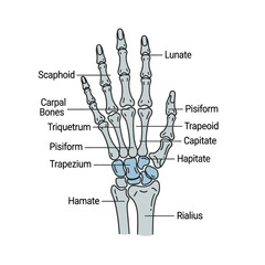 Detailed anatomical illustration of the human hand bones and wrist.