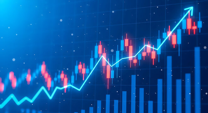 Stock market chart showing a bullish trend with rising prices and positive economic growth in blue and red colors - Powered by Adobe
