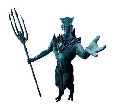A marine fantasy character with a pitchfork, commanding the ocean, without a full-length background. Underwater magician, lord of the sea in a loincloth with a medallion around his neck and bracelets.