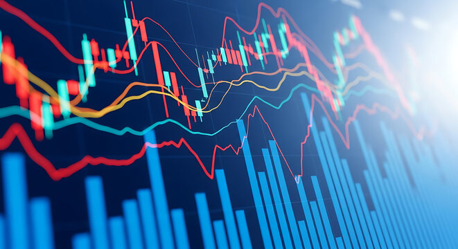 Financial chart with uptrend line graph in stock market on blue background showing business growth