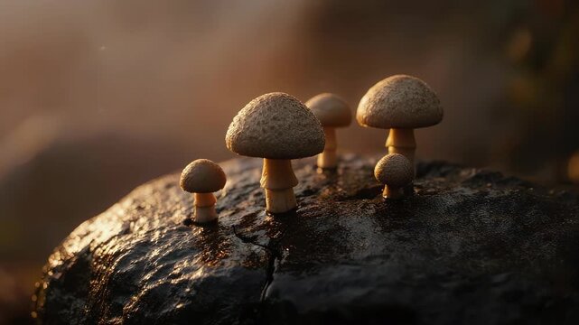Mushrooms growing on a stone with a blurry forest background in warm sunlight 