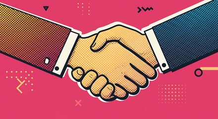 Comic style illustration of two people shaking hands over a pink background