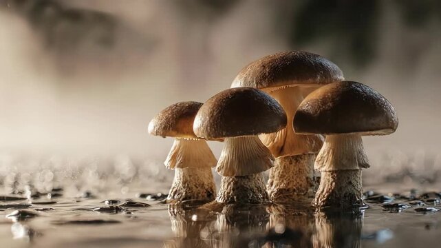Mushrooms in a misty atmosphere with subtle reflections
