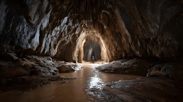 A lone explorer navigates a vast water filled cave with dramatic textured rock formations
