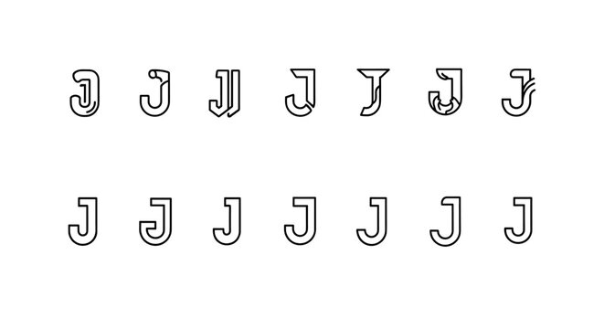 Collection of unique and creative 'J' letter monograms and logo designs, presented as a vector cartoon illustration set on a clean white background, featuring a variety of line icon styles and