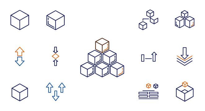 Modern outline style icons representing cubes, pyramids, hierarchy, and abstract concepts of growth, compression, and organization, presented on a clean white background, ideal for digital design