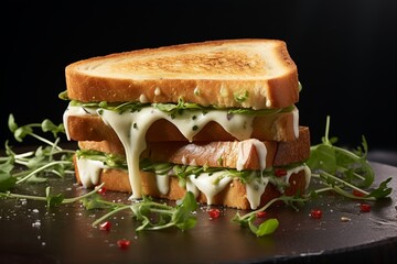 Grilled Sandwich with Microgreens and Creamy Sauce Drizzle