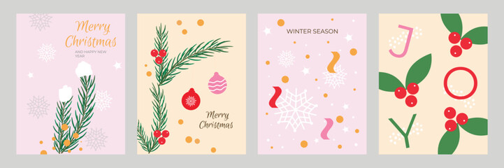 New year and Christmas greeting poster set. Branch, confetti, plant, snow. Vector illustration
