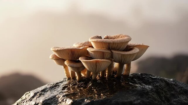 A cluster of mushrooms on a rock bathed in soft sunlight against a misty backdrop.